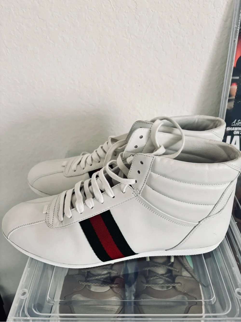 Men's Gucci White High-Top Sneakers with Red & Green Stripe